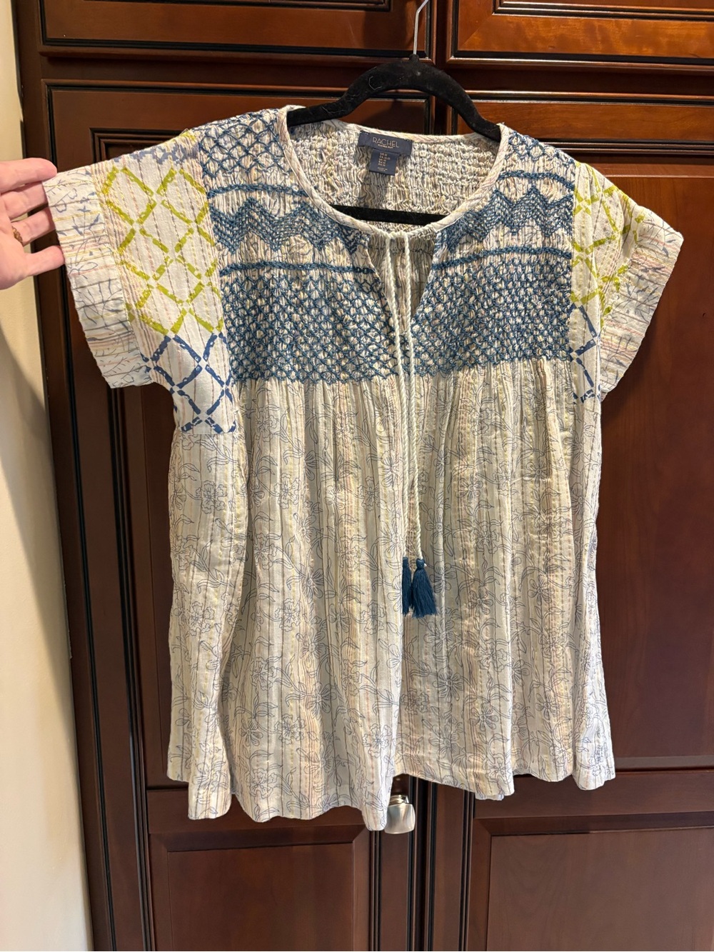 Rachel Roy Boho Flowy Smocked Tassel Tie Short Sleeve Top - M